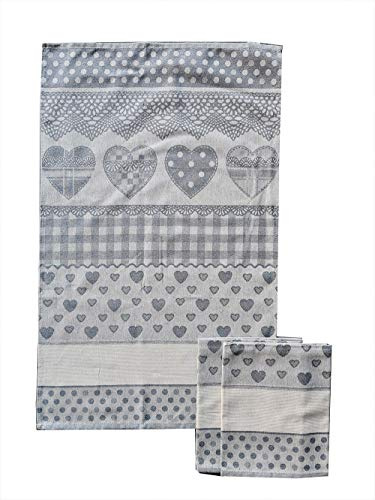OM DOLCE CASA M&O Strofinacci Asciughini Canovacci Cucina 3 Pezzi Misura Maxi Cm 60x86 Tela Aida Ricamo Punto Croce Hobby Cucito Ecru Cuori Disponibile Prodotto in Italia (Grigio)