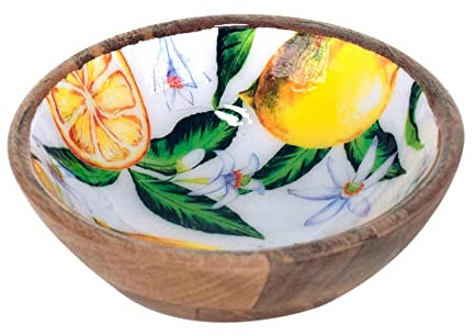 ORIGEN Grand Bol ou Assiette de service en Bois de Manguier, Motif Citrons, Diamètre 20 cm
