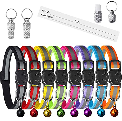 Collares de gato reflectante, collar de gatito antiestrangulamiento y campana, ajustable collar para gato, accesorio personalizado para gatos y animales (8 colores y 2 etiquetas antipérdidas)