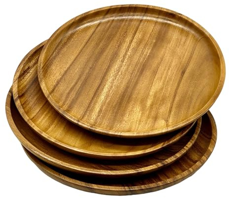 WRIGHTMART Set of 4 – 12 Inch Round Acacia Wood Dinner Plates – Solid Hardwood Wooden Plates for Steak, Pasta, Salad, BBQ, Charcuterie – Natural Wood Grain Dinnerware