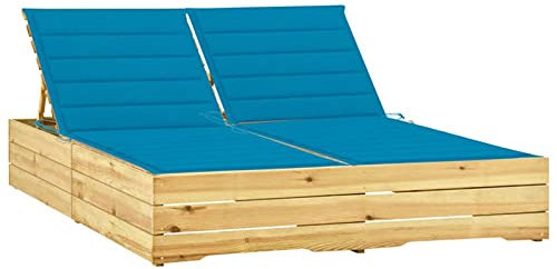 LAPOOH Doppel-Sonnenliege mit Blauen Auflagen Kiefer Imprägniert, Gartenliege, Liegestuhl, Sonnenstuhl, Sonneninsel Outdoor, Liegen, Gartenmöbel, Bäderliege, Relaxliege - 3065973