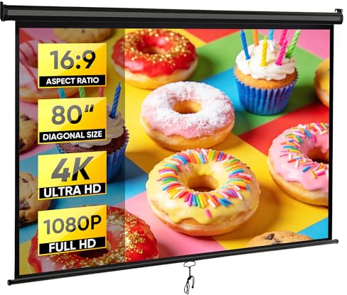 ZENY Projector Screen Pull Down 100 Inch 16:9 HD, Manual Projection Screen Home Theater, Portable Indoor Outdoor Retractable Movie Screen Ceiling Wall Mount (Black, 80'' (16:9))