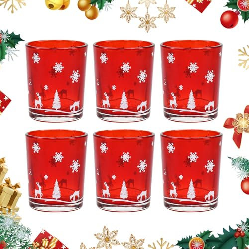 SLTAXAR 6 STK φ5 cm Weihnachten Teelichtgläser Windlichter Gläser für Kerzen Teelichthalter Glas Windlichthalter Teelichter Gläser Windlicht Set Teelichtständer Kerzengläser Weihnachtsdeko Rot
