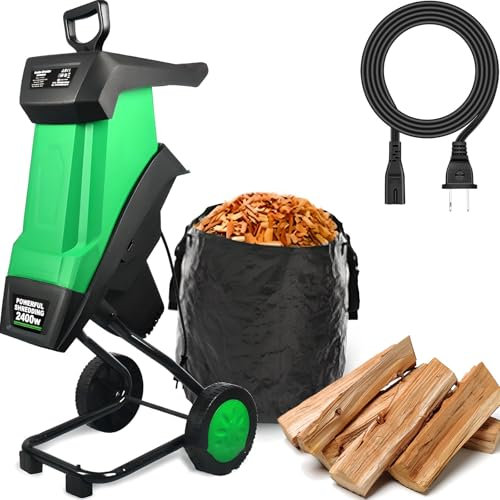 Cippatrice elettrica per legno, trituratore da giardino da 2400 W con taglio a doppio bordo, sacco di raccolta da 50 litri e motore da 4500 giri/min, trinciafoglie con manopola di bloccaggio sicurezza