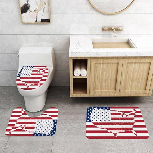 EMCLKS Badezimmermatten 3 Stück rutschfeste Badematte Teppiche, Badezimmer-Garnitur,U-förmiger Teppich,Dekoration mit amerikanischer Flagge, Flagge in Form eines Kontinents,Waschbar Matte
