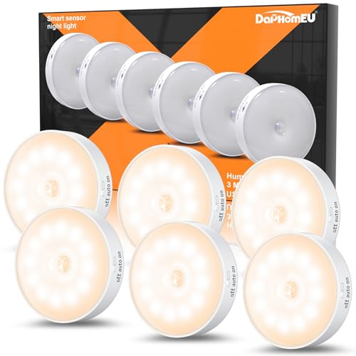 daphomeu 6 Stück Nachtlicht mit Bewegungsmelder,USB Wiederaufladbare LED-Licht,Schrankbeleuchtung,Bewegungsmelder innen für Treppenbeleuchtung,Schlafzimmer, Küche, Kinderzimmer.(Warmweiß)
