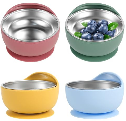 Gatphy 4 Stück Baby schüssel Edelstahlliner mit saugnapf Rutschfest Baby Schüssel mit Abnehmbare Silikon-Schutzhülle Breischale Saugnapf für Beikosteinführung BPA-frei