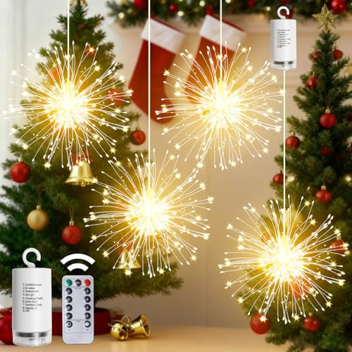 Lamptobe Paquete de 4 luces de fuegos artificiales 200 LED para interior y exterior con batería y control remoto, 8 modos, decoraciones para jardín, fiestas y bodas