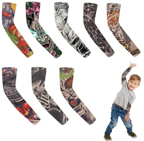 Tattoo Sleeves for Kids, 8 Pieces Cool Fake Temporary Tattoo Arm Covers, Boys Girls Costume Accessories for Halloween, Dance Performances, 80s Rock Festival Outfits and Role Play
