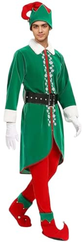 Generico Costume da Elfo Uomo Costume Babbo Natale Vestito Natalizio con Cintura Cappello Calze Scarpe Abito di Flanella Set di Mrs Claus Costume Carnevale Natale Halloween Unisex