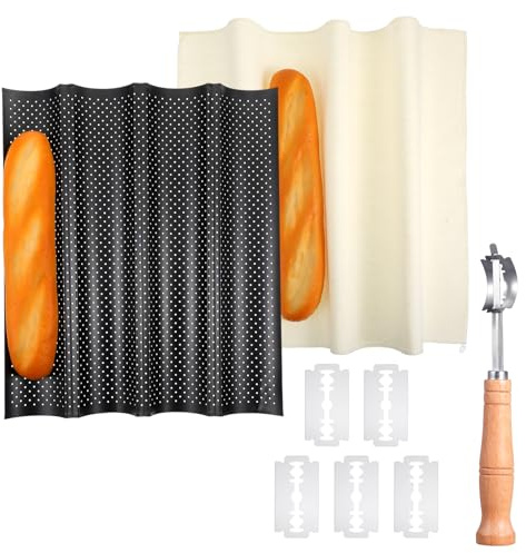 Ckhoid Baguette Bread Pan, 4 Slot Loaf Perforated French Baking Pan, Nonstick Bread Pans with Proofing Cloth, Bread Lame, and 5 Razor Blades, Home Kitchen Homemade Bake Mold Supplies Kit, 15 x 11