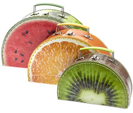TURBO PRODUKTE 3 TLG. Set Kinderkoffer – Spielkoffer für Mädchen und Jungen rund mit Fruchtmotiv Melone, Orange, Kiwi - Ideal für Reisen und Ordnung im Kinderzimmer
