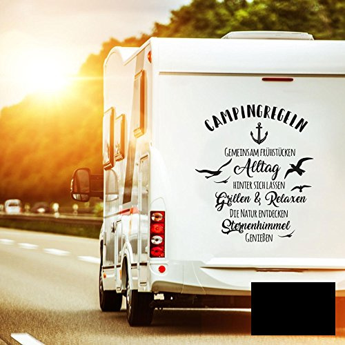Autotattoo Camping Heckscheibenaufkleber Wohnwagen Sticker Campingregeln Autosticker Wohnmobil M2376 - ausgewählte Farbe: *schwarz* ausgewählte Größe: *S - 60cm hoch x 53cm breit*