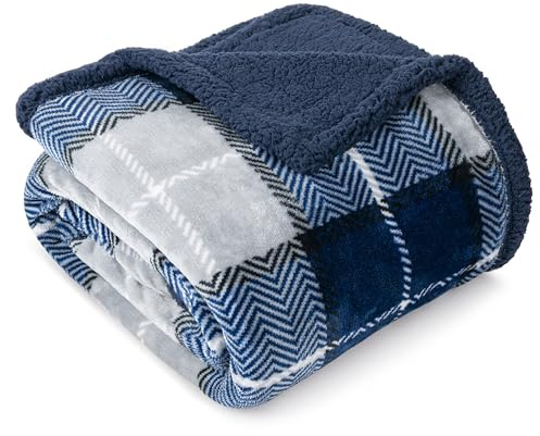 Pavilia Blue Navy Plaid Sherpa Throw Blanket for Couch, Plush Flannel Fleece, Soft Fuzzy Cabin for Sofa Bed, Warm Cozy Winter Gift, 50x60
