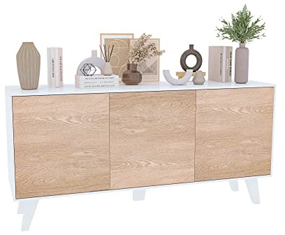 Bricozone Credenza 3 Ante Mobile Mobiletto Da Buffet Soggiorno Sala da Pranzo Ingresso Stile Modermo 154 x 41 x 75 cm Bianco e Rovere Chiaro