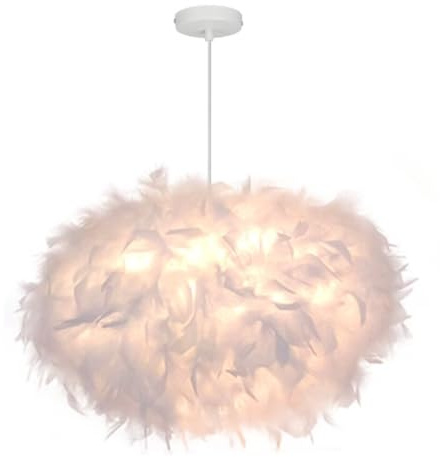 GUANSHAN 45 cm/17,8 Zoll ellipsoide weiße Feder-Pendelleuchte, Feder-Lampenschirm, Deckenleuchte, Feder-Kronleuchter für Wohnzimmer, Schlafzimmer, Esszimmer
