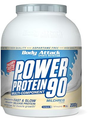 Body Attack Power Protein 90, budino di riso, 2 kg, 5K proteine in polvere con proteine del siero di latte, L-carnitina e BCAA per la costruzione muscolare e il fitness