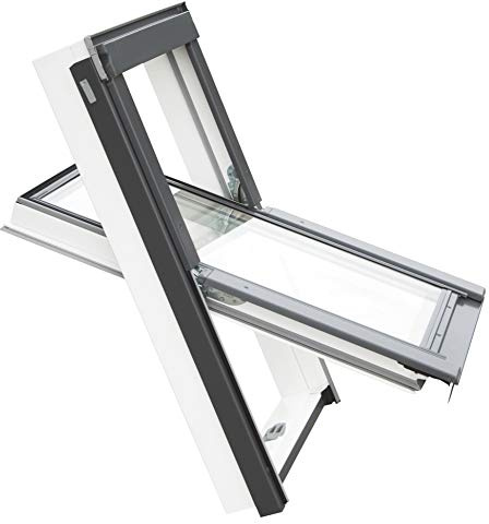 YARDLITE APV White PVC Roof Window, Vented Centre-Pivot Double Glazed Loft Attic Skylight. Easy to Install Bundle with Plain, Slate, Tile or Universal Flashing - C2A(55 x 78cm) +Slate Tile Flashing