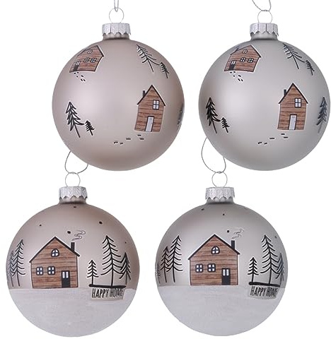 4 STK Glas Weihnachtskugeln Homewood Häuser 8CM Creme Silber braun Haus Design b940 Christbaumschmuck Weihnachtsschmuck Anhänger Weihnachtsdeko Christbaum Kugeln Glaskugeln Dots gepunktet
