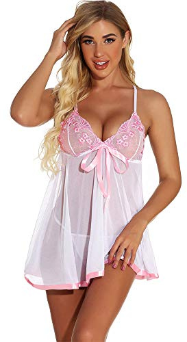 scicent Lingerie for Women Babydoll Nightwear Chemise with Thong Playsuit Nightdress Negligees Size 2X UK 14-16 White