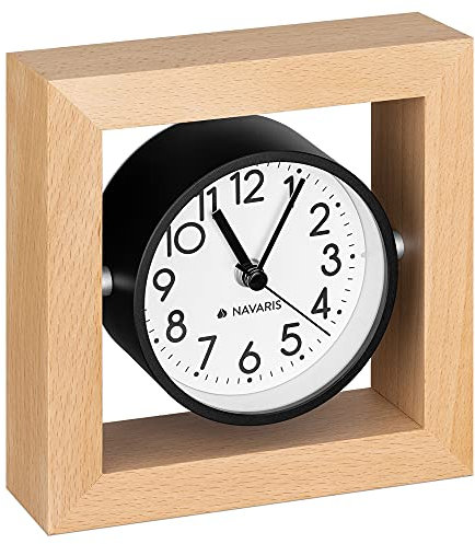 Navaris Analog Holz Tischuhr Quadrat Design - 13,2 x 13,2 x 4,3cm - analoge Uhr ohne Ticken weißes Ziffernblatt - Vintage Zeiger Holzuhr Hellbraun