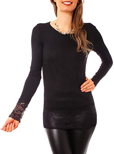 Easy Young Fashion Langarm Longshirt mit Spitzensaum 0998 - Schwarz S/M