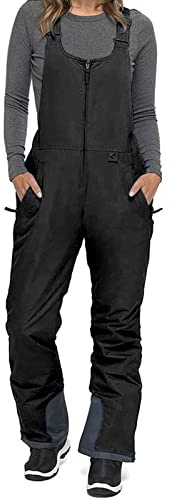 FeMereina Womens Insulated Water Resistant Ski Snow Bib Pants Windproof Zip Front Jumpsuit Snowboard Pants Winter Overalls (Black, Small)