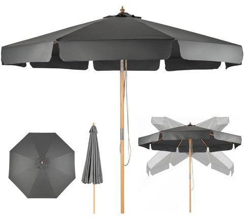 RELAX4LIFE Sonnenschirm Ø300cm, Strandschirm Knickbar, Gartenschirm mit 8 Schirmrippen aus Holz, Marktschirm Sonnenschutz & Wasserabweisend, Angelschirm für Garten & Terrasse & Strand (Grau)