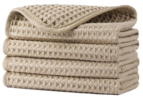 POLYTE 430 GSM Microfiber Lint Free Washcloth Face Towel, 13 x 13 in, 4 Pack (Waffle Weave)