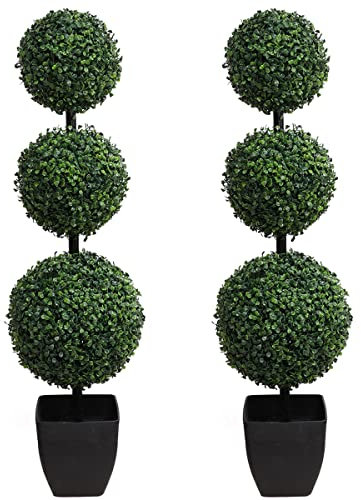 momoplant Topiarios artificiales para exteriores, 3.2 pies, árboles de boj de triple bola (2 piezas), arbustos sintéticos, plantas en maceta, verde, decorativo, interior, porche o jardín (40 pulgadas)
