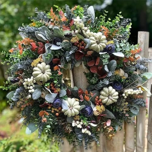 KyneLit Künstlicher Herbstkranz Haustür, Kürbis, Rose, Beerenzweige, gemischte Blätter, Erntedankfest, Kranz, Herbst-Türkranz für Halloween, Erntedankfest, Innen- und Außendekoration (C)