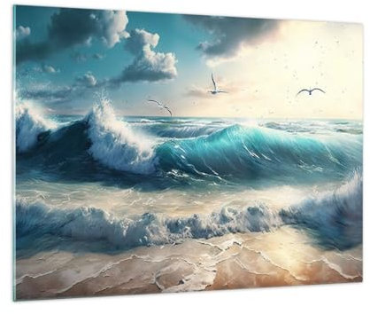 Moderne Impression sur Verre Mer Vagues Bord De Mer Image Tableau en Verre Decoration Murale 70x50cm Deco Cadre Salon Chambre Cuisine Horizontal Petit Tableaux Decoratifs Muraux Art Wall GAA70x50-5780