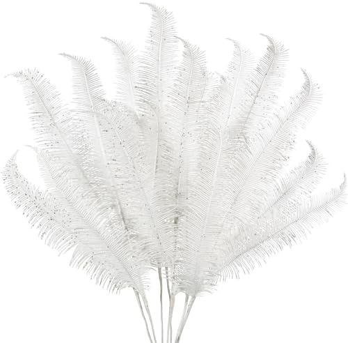 Oairse 8er Set Kunstpflanze Kunstzweig Weihnachten Deko Glitzer, Weihnachten Blätter für Weihnachtsbaum Neujahr Ornamente, Künstliche Farn für Feiertags-Esstischdekoration, Weiß