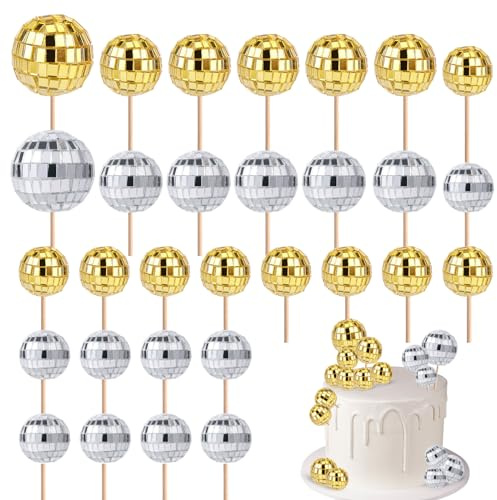 30uds Adornos para Cupcakes Bola Discoteca, Mini Púas de Bola Discoteca Decoraciones Retro para Pasteles Palo Fiestas Temáticas de Discoteca de los Años 70 Decoración Cumpleaños (Plata, Oro)