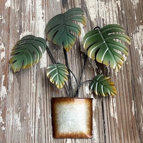 Sintosin Vintage Small Metal Monstera Leaf Wall Decor 10 X 12 Inches | Hanging Tropical Palm Leaves Metal Wall Art for Outdoor, 3D Green Fake Potted Plant Home Decor for Living Room Office