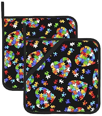 MyPiky Set di 2 presine da cucina resistenti al calore, con stampa a forma di cuore, per la consapevolezza dell'autismo, per cottura al forno, barbecue, microonde