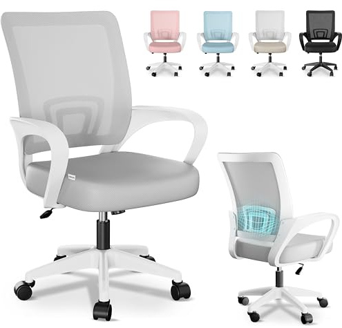 JUPPLIES Silla Escritorio Ergonomica - Silla Oficina con Apoyo Lumbar, Estructura de Plastico, Malla Transpirable, Ruedas Giratorias 360° Soporta hasta 110kg (Gris)