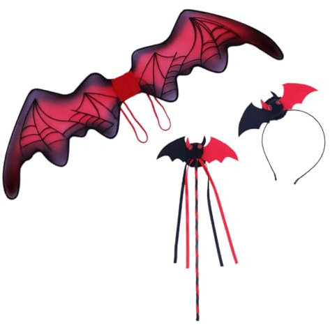 SHERCHPRY 1satz Halloween Fledermaus Für Frauen Teiliges Kostümzubehör Mit Roten Fledermausflügeln Haarband Und Zauberstab Für Karneval Cosplay Und Maskerade Partys