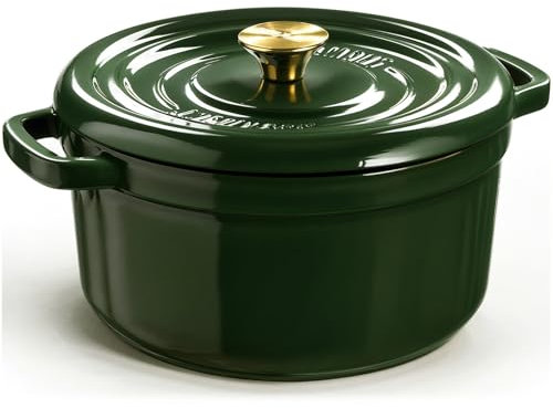 Overmont Bräter Emailliert Gusseisen Topf - Dutch Oven 26cm backofengeeignet mit Deckel und Kochbuch - für Braten Küche Backen Schmoren Dunkelgrün