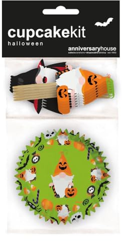 Anniversary House Kit da 28 pezzi per cupcake di Halloween Gonk, 12 decorazioni per torte a forma di gnomo e 16 pirottini oleosi, decorazioni per cupcake per feste di Halloween, muffin, torte