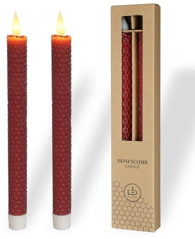 comforder Echtwachs LED Stabkerzen, Bienenwaben, 2er Set (Burgunderrot) | Flackernde Flamme, Timerfunktion, batteriebetrieben mit 2x AAA (nicht enthalten), realistisches Kerzenlicht