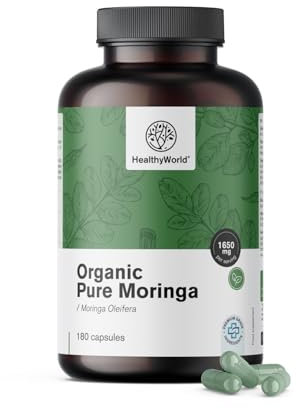 HealthyWorld® BIO Moringa - 180 Capsule Vegetali - Pianta ayurvedica da produzione biologica - 1650 mg Moringa Oleifera per dose giornaliera - Fornitura 2 mesi - Per sostegno naturale dell'organismo