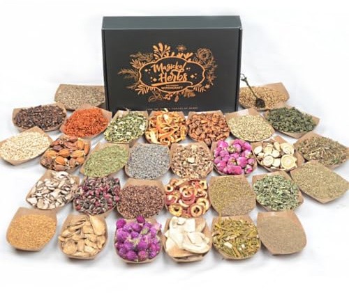 Kit de hierbas mágicas - 30 hierbas secas en bolsas etiquetadas, cuchara de cristal para rituales wiccanos, limpieza energética, lanzamiento de hechizos, curación espiritual, tarros de hechizos de