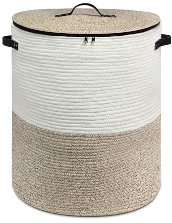 Goodheim Laundry Hamper with Lid, Large Woven Laundry Basket，Blanket and Toy Storage Basket for Living Room, Bedroom, Bathroom, Nursery (Brown with Zipper, 55L)