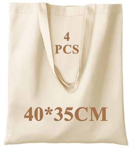 Scettar 4 pcs Set Stofftaschen zum Bemalen 40x35cm Baumwolltaschen Unbedruckt aus Baumwolle DIY Stoffbeutel für Kinder & Erwachsene Wiederverwendbare Einkaufstaschen mit langen Henkeln