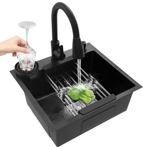 Susoso Fregadero de cocina de acero inoxidable, 50 x 45 cm, con agujeros antidesbordamiento, drenaje rápido, para tiendas de té con leche, color negro