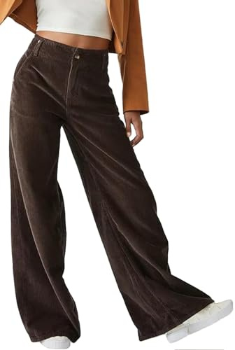 CheChury Femme Pantalon en Velours Côtelé Fluide Pantalon Décontracté Chic Elegant Pantalons Taille Haute Bouton avec Poches Large Pantalons de Loisirs Automne Hiver,Marron,S
