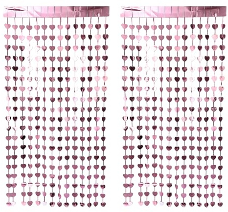 JazRvr 2 Stück Lametta Vorhang Pink Herz, Glitzervorhang Geburtstag 1x2 m, Glitzer Deko für Kinderparty, Fotohintergrund Hochzeit Valentinstag Silvester
