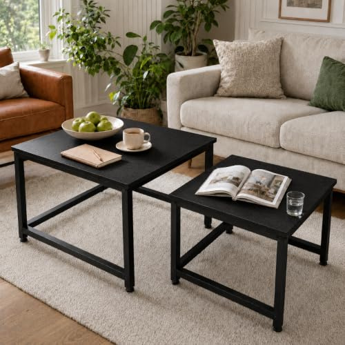 Hawthyhome wohnzimmertisch aus Holz mit Metallrahmen, Quadratisch couchtisch 2er Set & Moderner Beistelltisch Kaffeetische für Wohnzimmer Schlafzimmer, Satztisch Schwarz