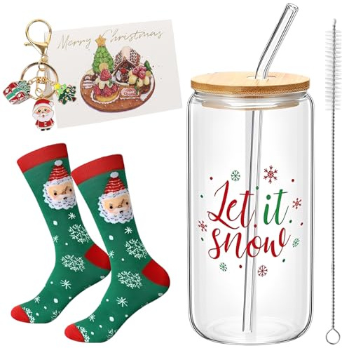 Bicchieri Natalizi Vetro con Coperchio e Cannucce, 6 Pezzi Bicchieri Natale Da 500 Ml con Spazzola per La Pulizia, Portachiavi, Biglietto di Auguri, Utilizzabili Come Bicchieri per Succhi